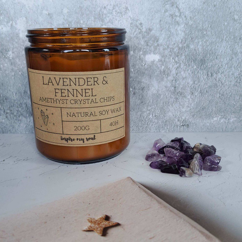 essential oil candle with amethyst crystal chips