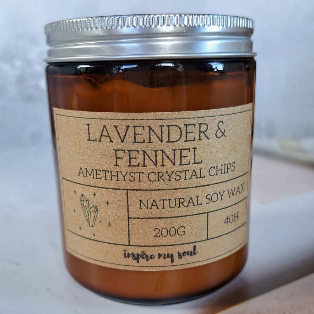 essential oil candle with amethyst crystal chips