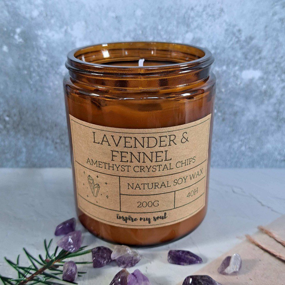 essential oil candle with amethyst crystal chips