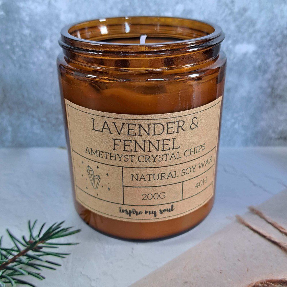 essential oil candle with amethyst crystal chips