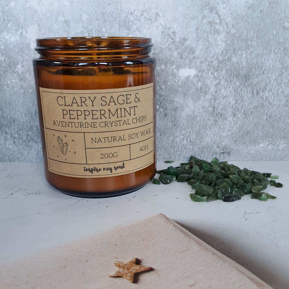 essential oil candle with aventurine crystal chips