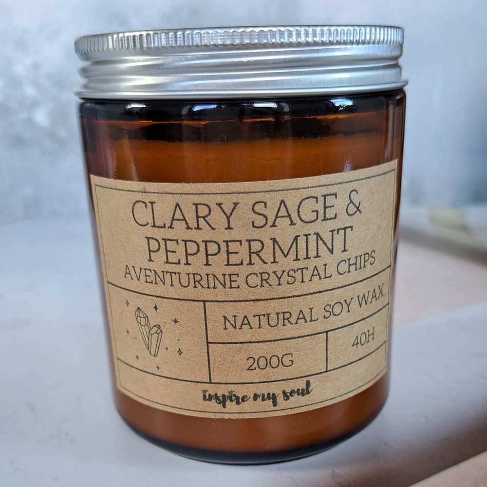 essential oil candle with aventurine crystal chips