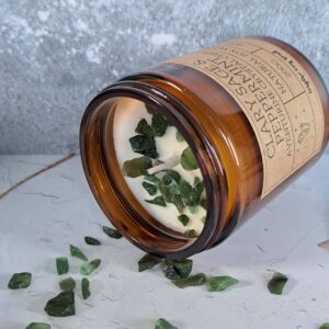 essential oil candle with aventurine crystal chips