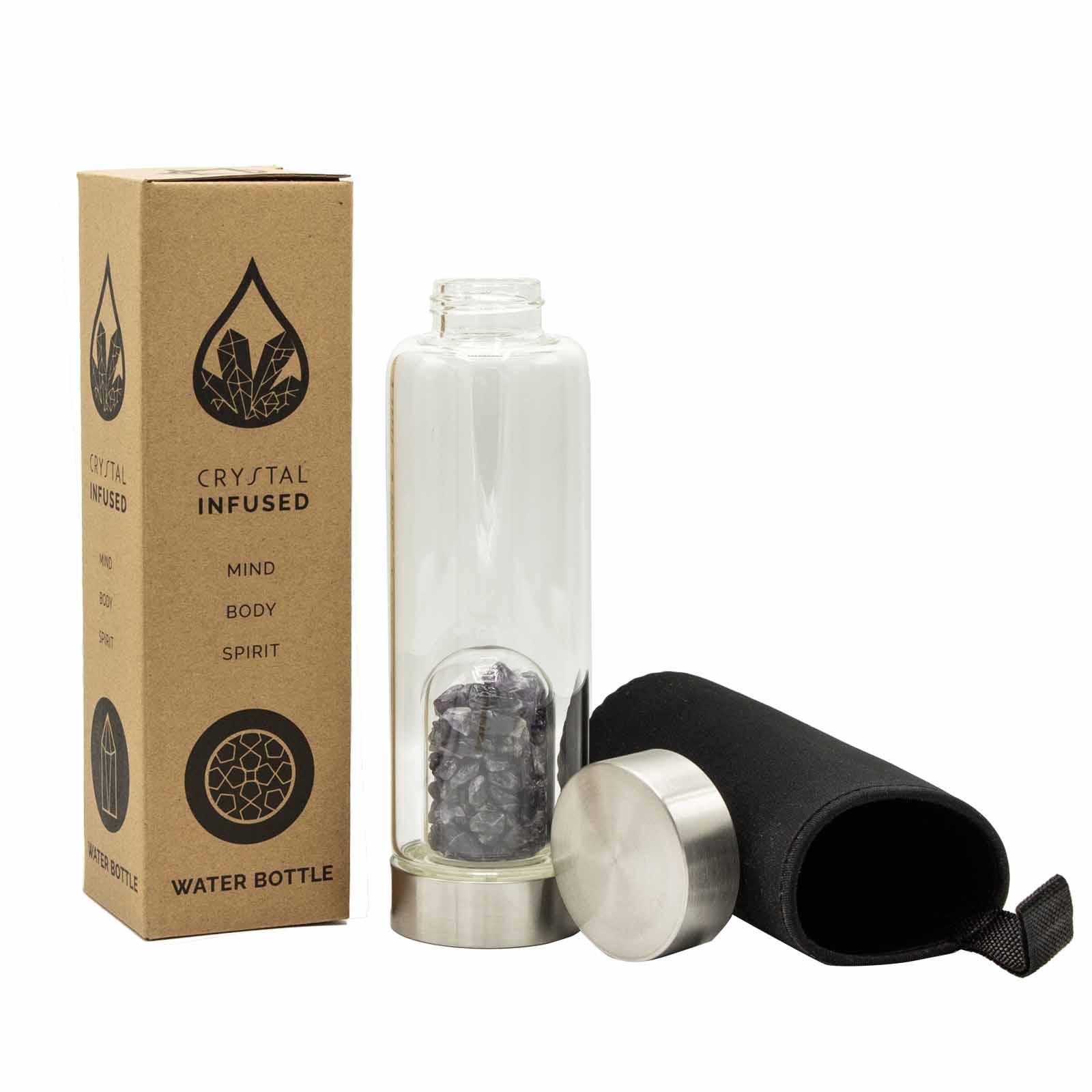 500ml glass water bottle infused with gemstone amethyst crystal chips