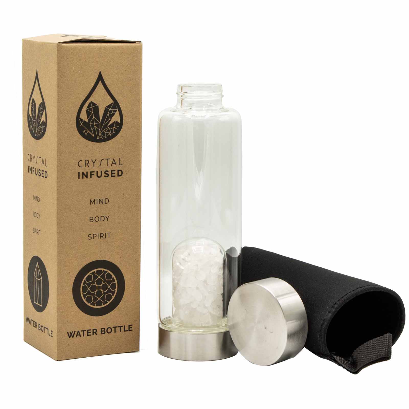 500ml glass water bottle infused with gemstone clear quartz crystal chips