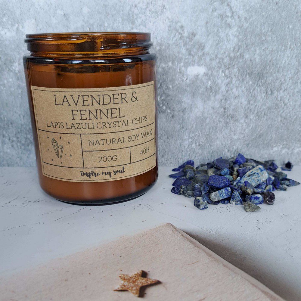 essential oil candle with lapis crystal chips