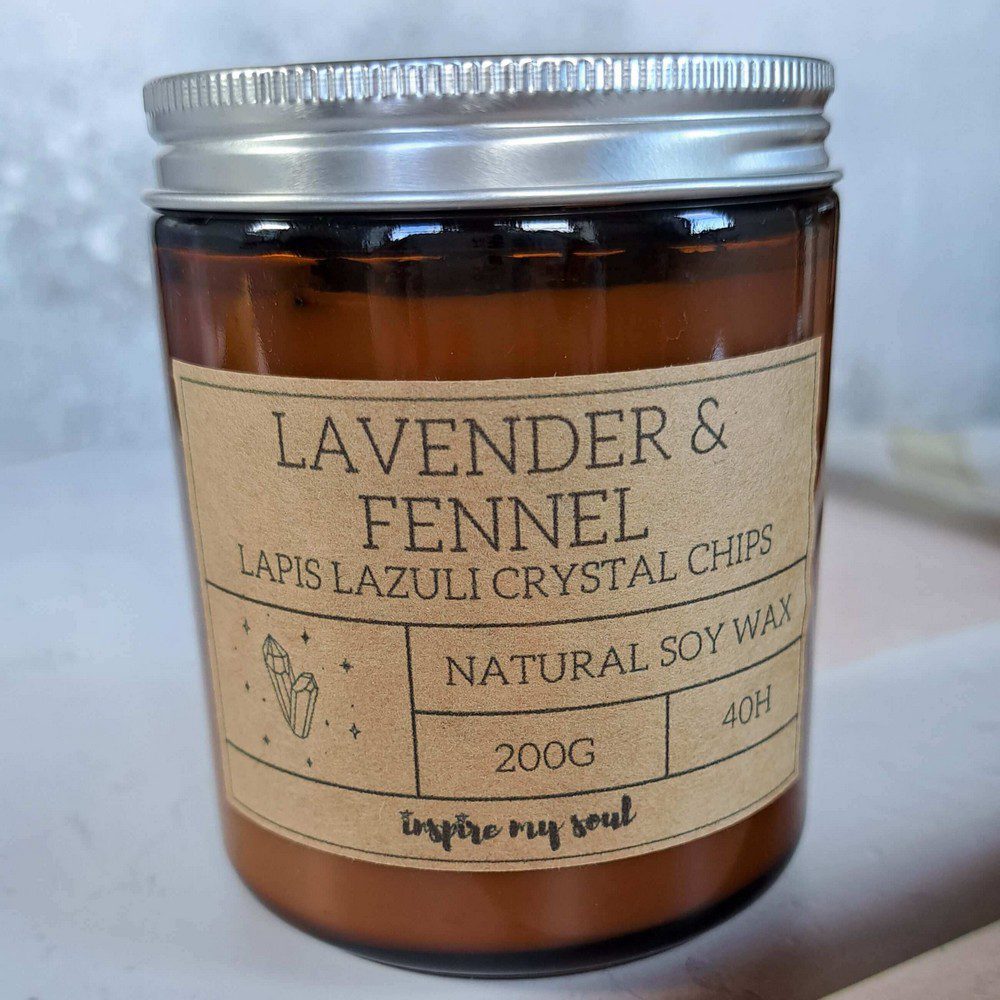 essential oil candle with lapis crystal chips