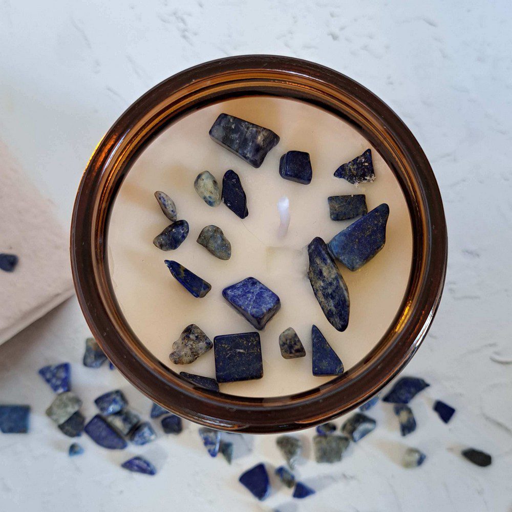 essential oil candle with lapis crystal chips