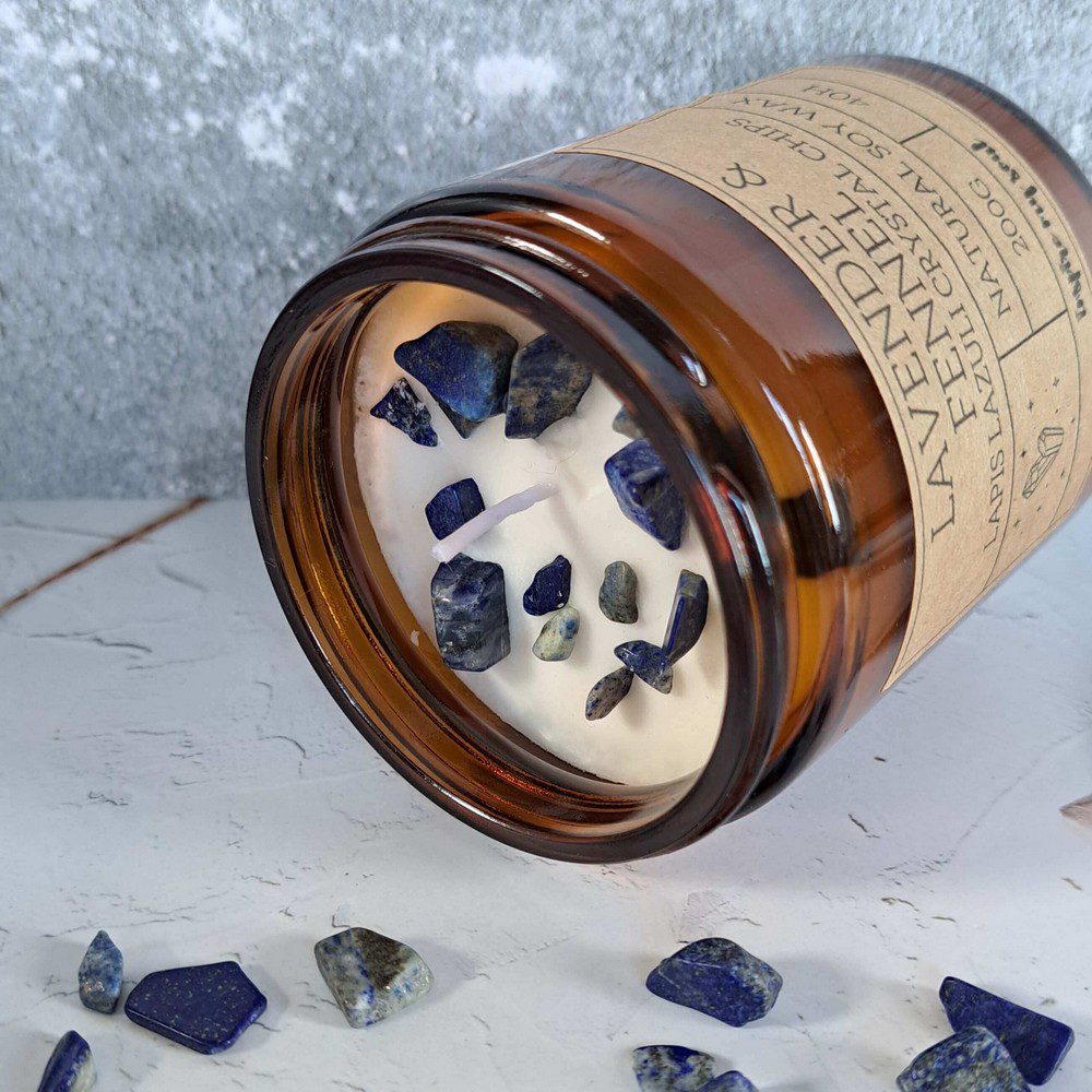 essential oil candle with lapis crystal chips