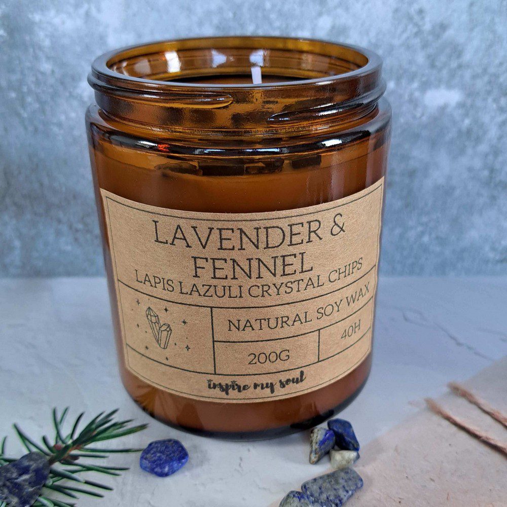 essential oil candle with lapis crystal chips