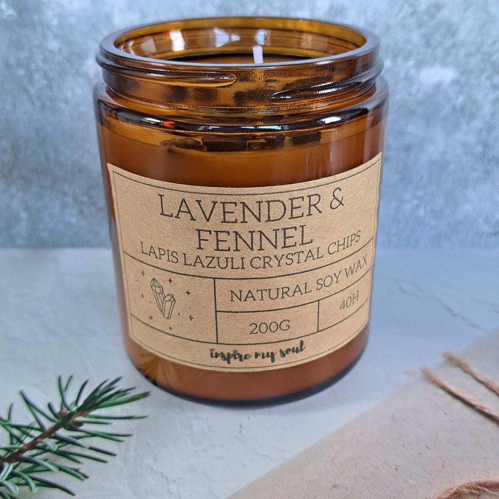 essential oil candle with lapis crystal chips